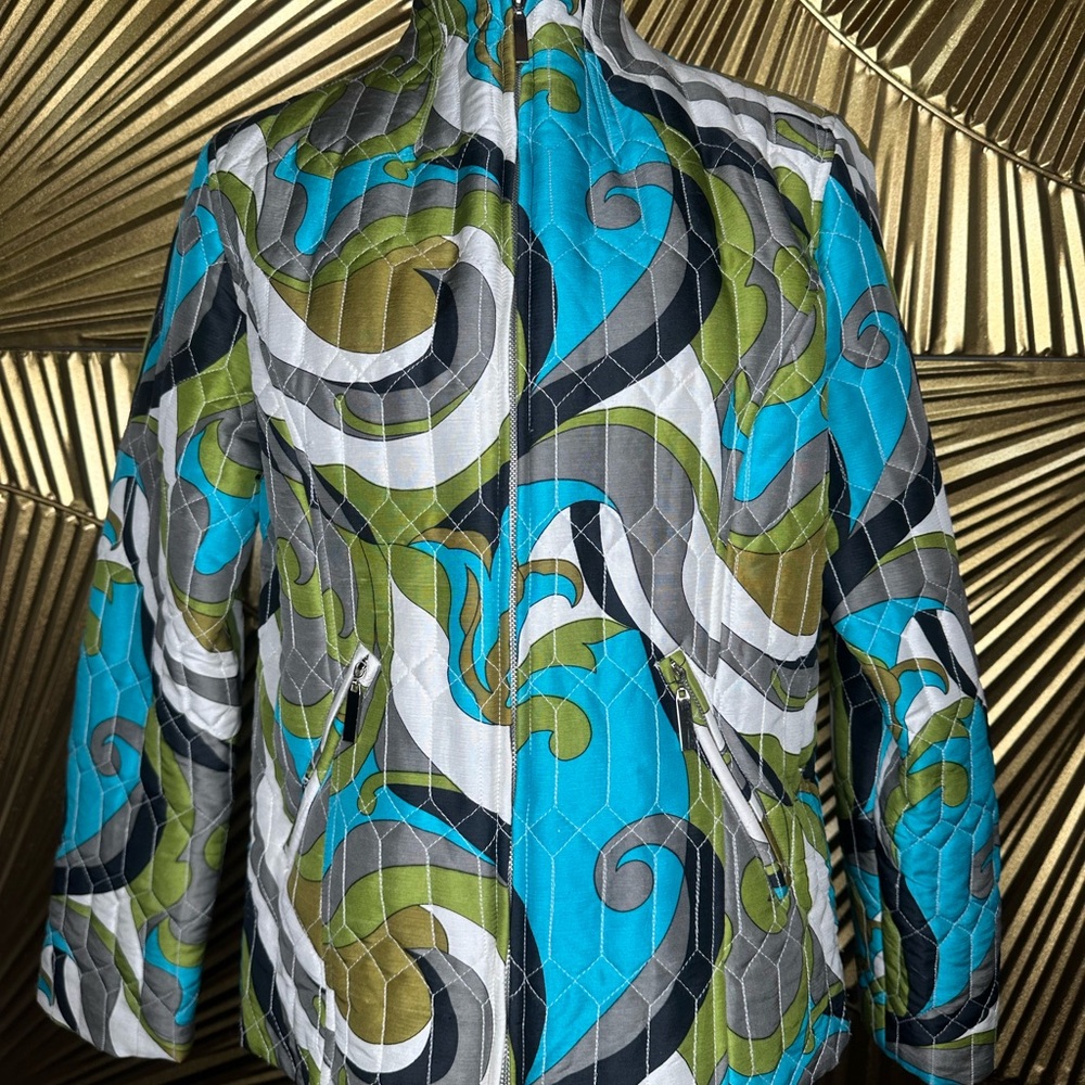 Carole Little Women 100% Silk Quilted Jacket Sz. Sm Geometric Print Jacket...